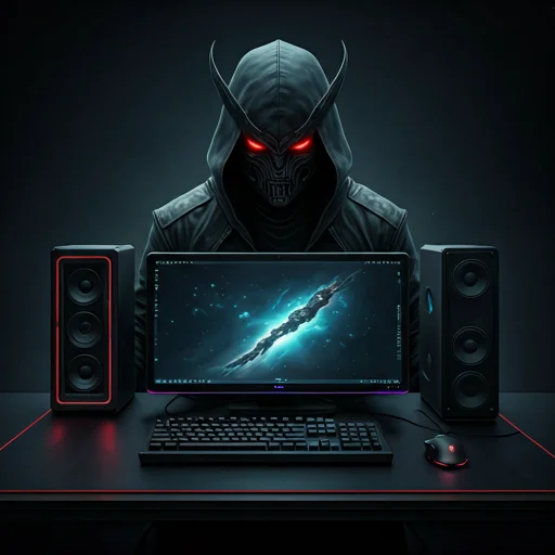 Een cinematische donkere gaming werkstation scène met een gehulde figuur achter een monitor met luidsprekers en toetsenbord, die cyberbeveiliging, digitale handelsomgevingen of gaming platform identiteit visuals vertegenwoordigt.