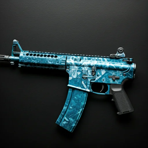 Een compacte submachinegun met een felblauwe patroonafwerking, die een populaire CS2 cosmetische huid vertegenwoordigt die wordt gebruikt op online handels- en inventaris showcase platforms.
