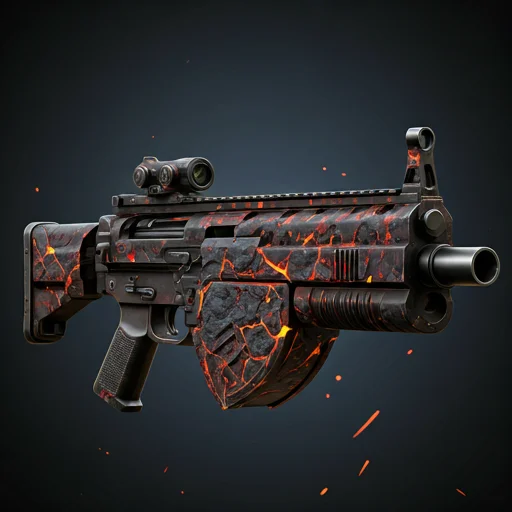 Een compacte submachinegun met een gloeiende lavastijl textuurpatroon, gestyled als een dramatische high-impact CS2 cosmetische wapen huid.