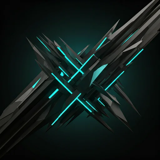 Een futuristische abstracte compositie van elkaar snijdende donkere metalen vormen die een scherpe geometrische structuur op een zwarte achtergrond vormen, geschikt als premium visuele achtergrond voor gaming of esports websites.