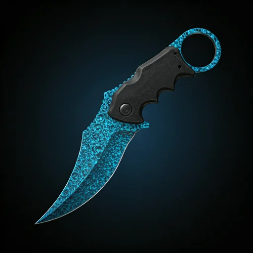 Een gebogen karambit-mes met een felblauw gestructureerd lemmet en een zwart ergonomisch handvat, dat een premium CS2 cosmetische huid vertegenwoordigt die vaak wordt weergegeven op digitale inventaris handelsplatforms.