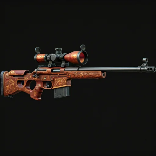 Een gedetailleerd AWP-sluipschuttersgeweer met een oranje decoratieve huidpatroon, gepresenteerd als een verzamelobject CS2 cosmetisch item dat vaak wordt vermeld in skin handelsmarktplaatsen.