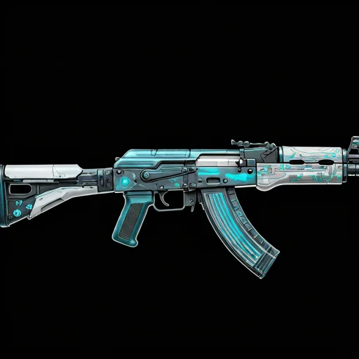 Een gestileerd AK-47-geweer met een blauw aangepast huidontwerp geïnspireerd op CS2-wapen cosmetica, weergegeven op een donkere achtergrond om de marktplaatsstijl presentatie van digitale skins te benadrukken.