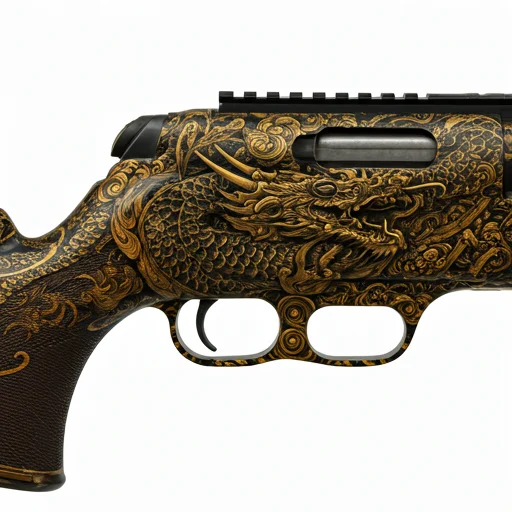 Een geweer versierd met ingewikkelde gouden gravurepatronen, gepresenteerd als een hoogwaardig verzamelobject CS2-stijl wapen huid voor digitale marktplaats vermeldingen.