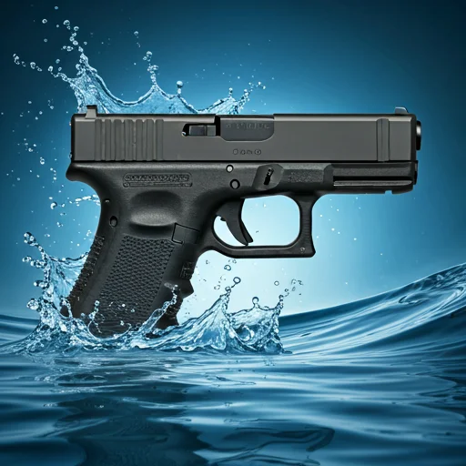 Een minimalistisch zwart tactisch pistool weergegeven tegen een dynamische waterspat achtergrond, dat een schone en moderne CS2-stijl wapen huid visual vertegenwoordigt.