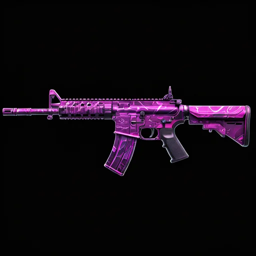 Een modern aanvalsgeweer met een felpaars patroonafwerking, dat een gestileerde CS2 cosmetische huid vertegenwoordigt die is ontworpen voor digitale handelsplatforms.