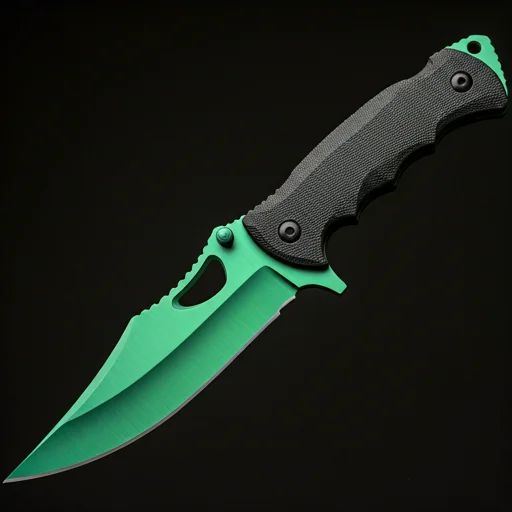 Een modern tactisch mes met een metallic groene lemmet en zwart ergonomisch handvat, gestyled als een verzamelobject CS2-geïnspireerde wapen huid die vaak wordt weergegeven in digitale skin marktplaatsen.