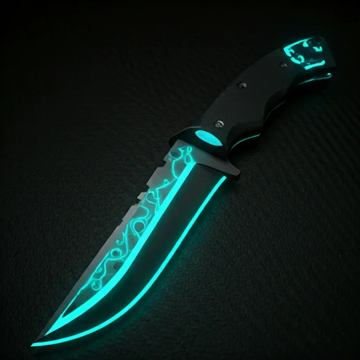 Een modern tactisch mes met gloeiende neon cyan randaccenten en een donker handvat, gestyled als een futuristische CS2-geïnspireerde premium digitale wapen huid.