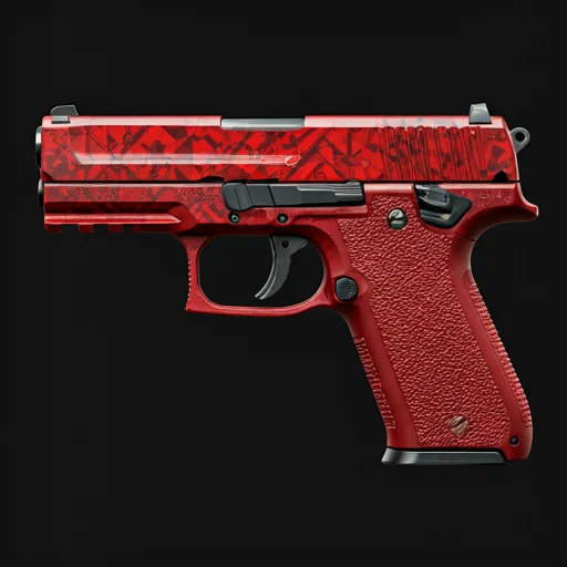 Een semi-automatisch pistool met een gedurfde rode patroonafwerking, gestyled als een verzamelobject CS2 cosmetische wapen huid geschikt voor marktplaats presentatie.