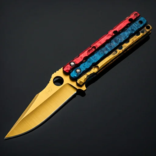 Een vlindermes met een gouden lemmet en meerkleurige handvataccenten, dat een zeldzame en visueel onderscheidende CS2 cosmetische mes huid vertegenwoordigt.